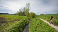 fietser rijdt op wegje naast een beek, in een groen landschap